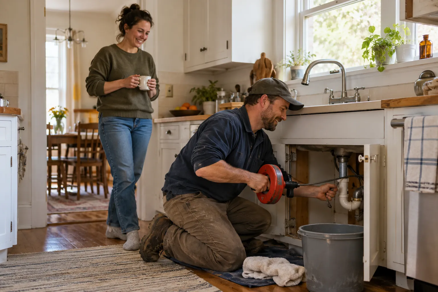 Friendly drain cleaning provider showing a homeowner the cleared kitchen sink in a North Bay home