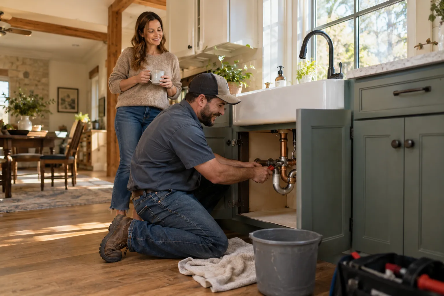A friendly plumbing provider checking a pipe under a kitchen sink in a North Bay home