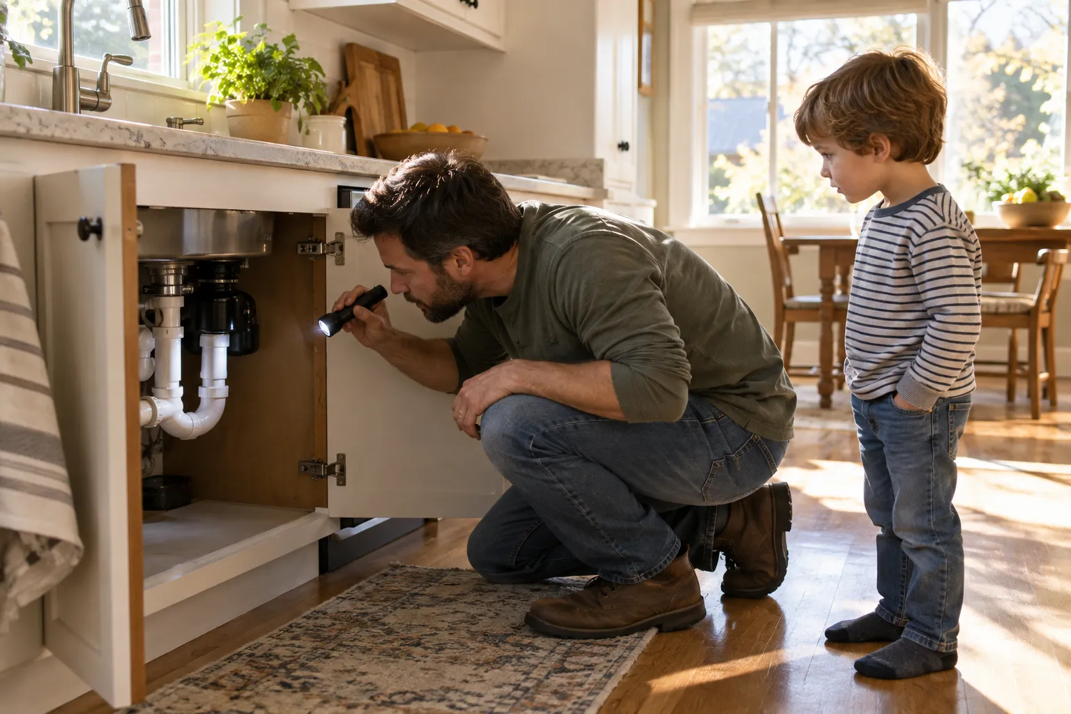 A homeowner in North Bay checking under a kitchen sink with a flashlight