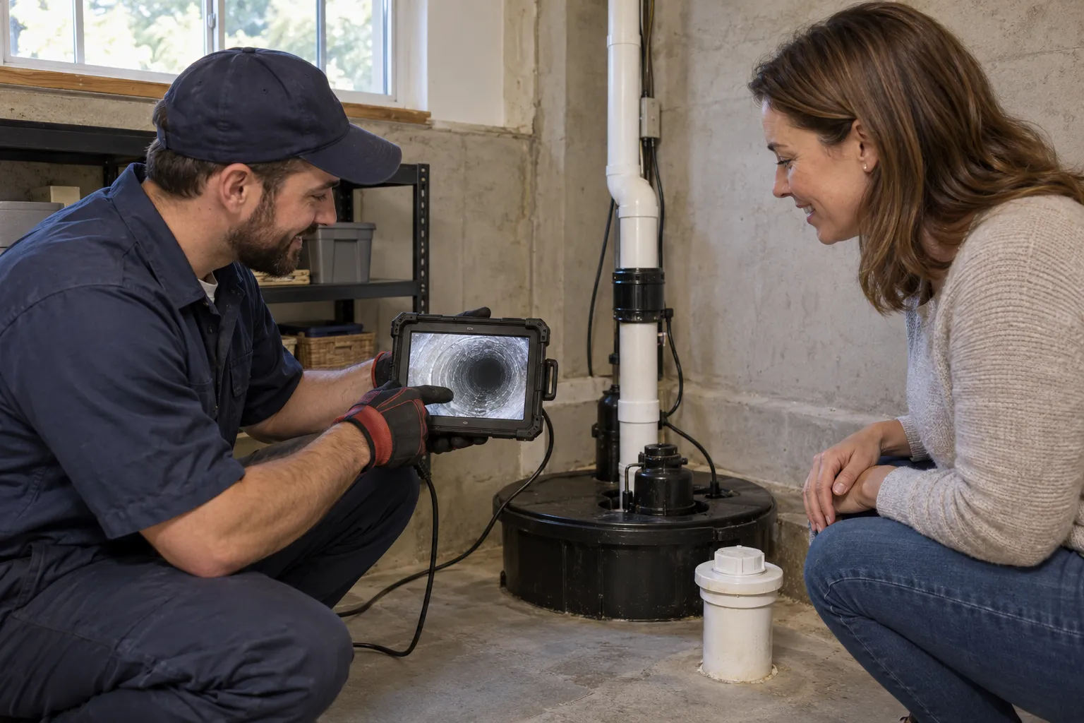 Local plumbing provider looking at a sewer camera screen with a homeowner in North Bay